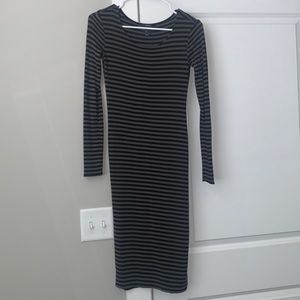Size small long green and black striped body con dress